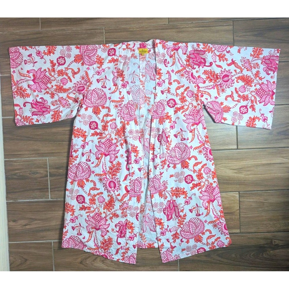 Roberta Roller Rabbit Women's O/S Pink Orange Floral Cotton Kimono Robe Cover Up